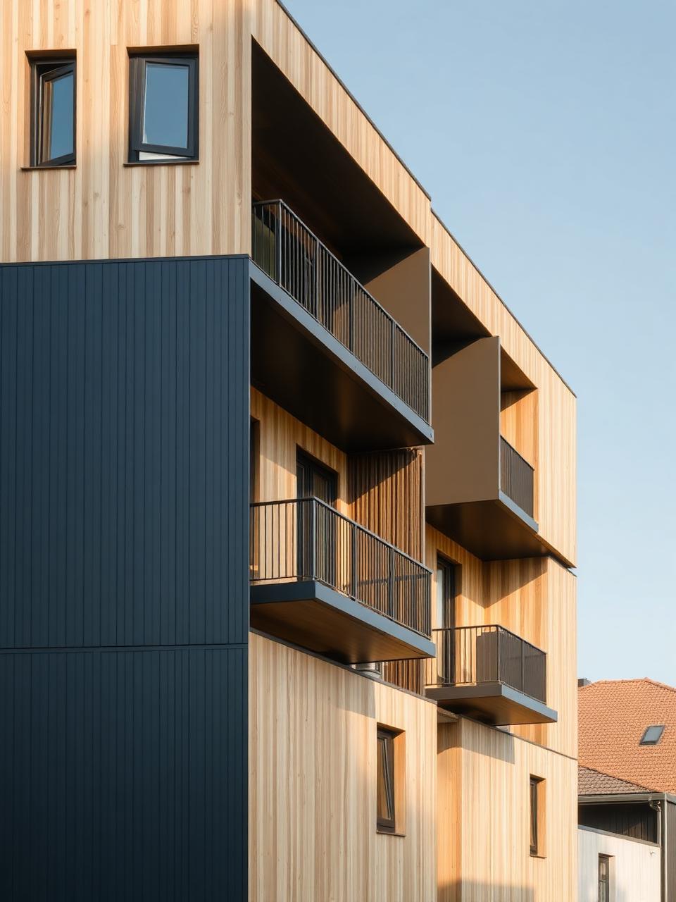Moderne Mehrfamilien-Modulbau-Architektur mit Holzfassade und Anthrazit-Paneelen.