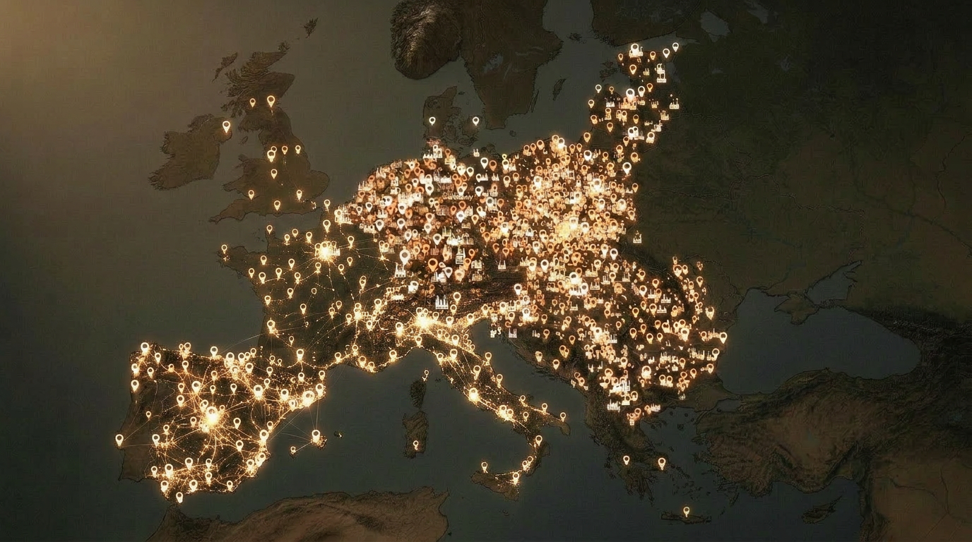 Karte Europas mit hunderten Modulhersteller-Standorten als leuchtende Pins, dichte Cluster in DACH und Mitteleuropa.