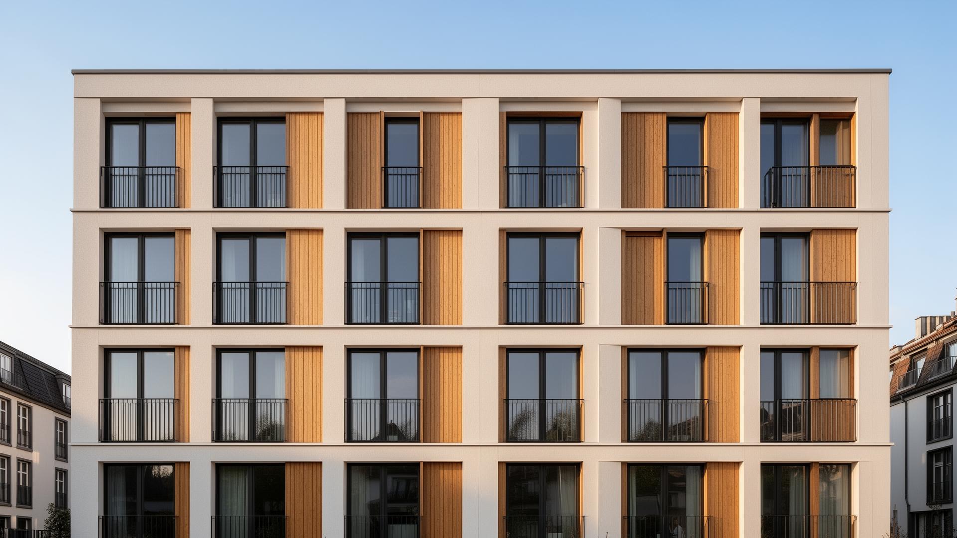 Detailaufnahme einer modernen Modulbau-Fassade mit Holzlamellen und Anthrazit-Paneelen.